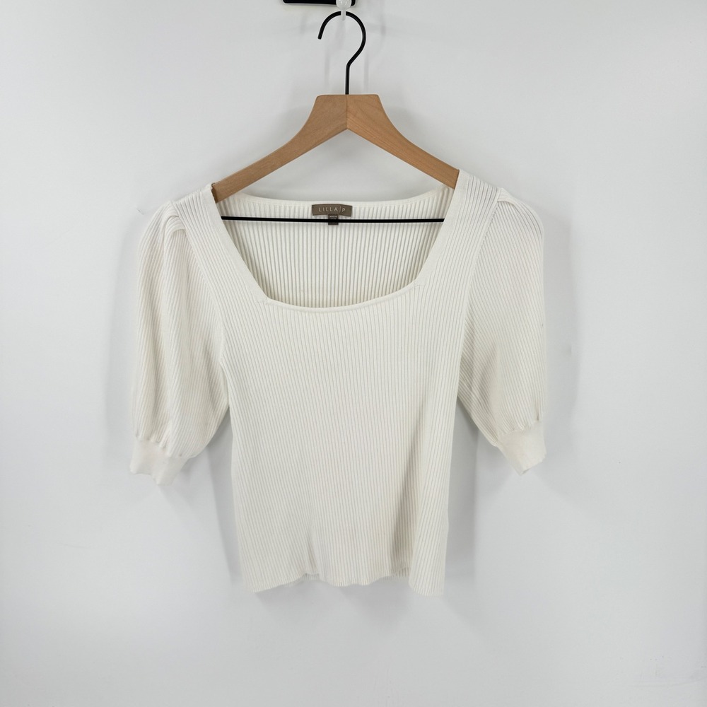 Anthropolgie Lilla P Ribbed Puff Sleeve Square Neck‎ Ivory Size M Chic Capsule
